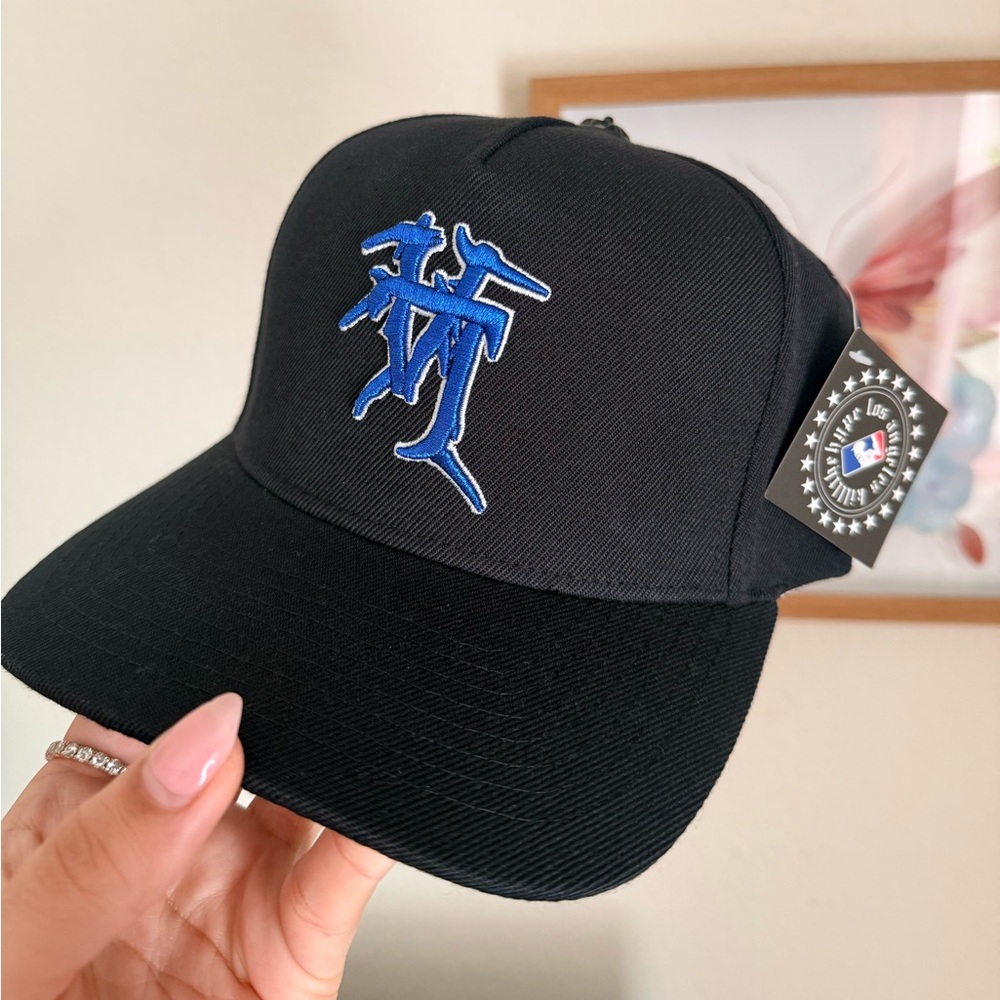 Black Hat with Blue Embroidery